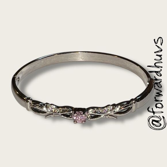 Silver-Plated Hinged Bracelet – Pink Cubic Zirconia - Ornate Center Pattern - Picture 8 of 12